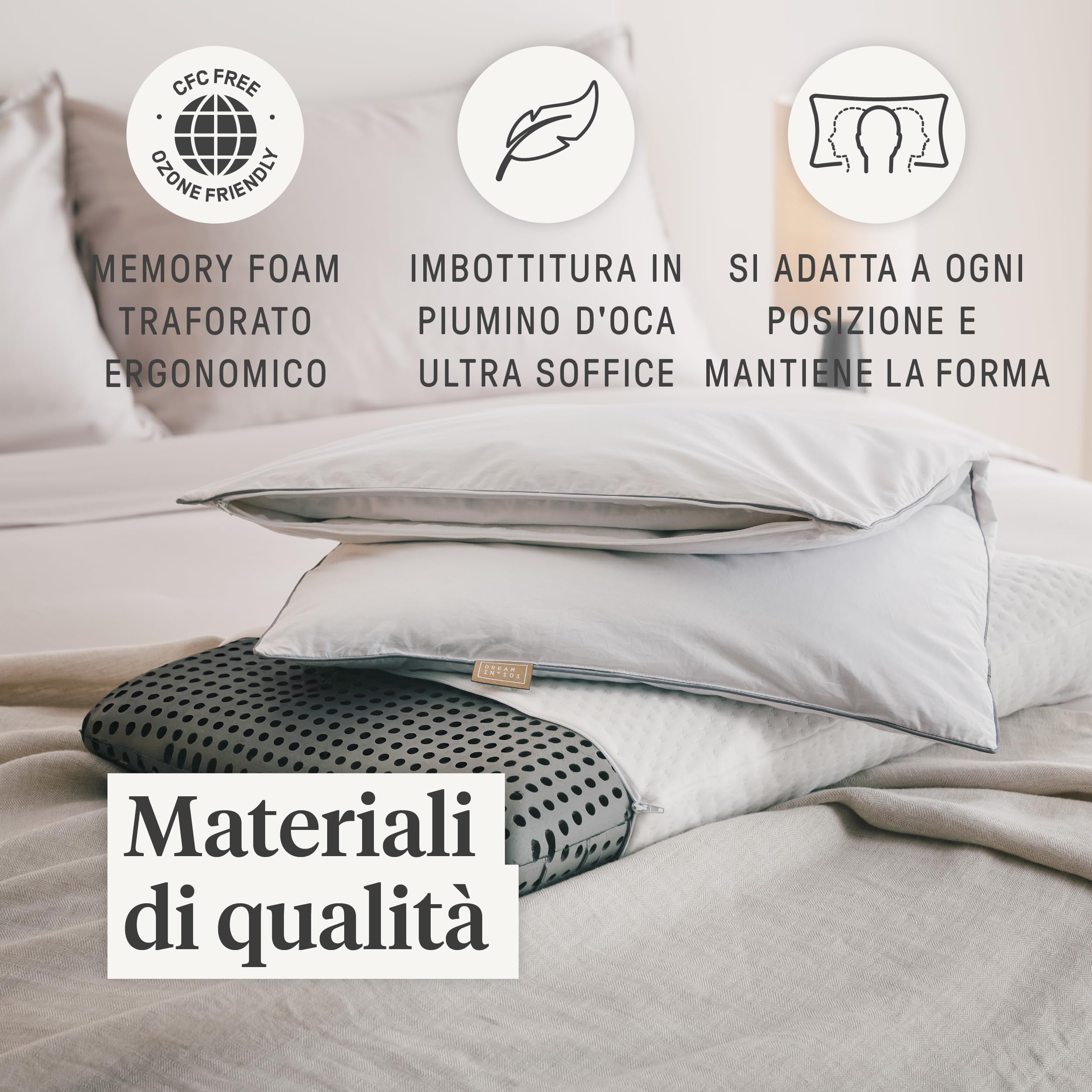DREAMIN*101 - Cuscino Memory Foam Traforato 40x70 Extra Traspirante Ergonomico Alto 12cm + Federa Cuscino 50x80 Imbottita in 100% Piumino Naturale con Zip, Guanciale + Copricuscino Letto Made in Italy