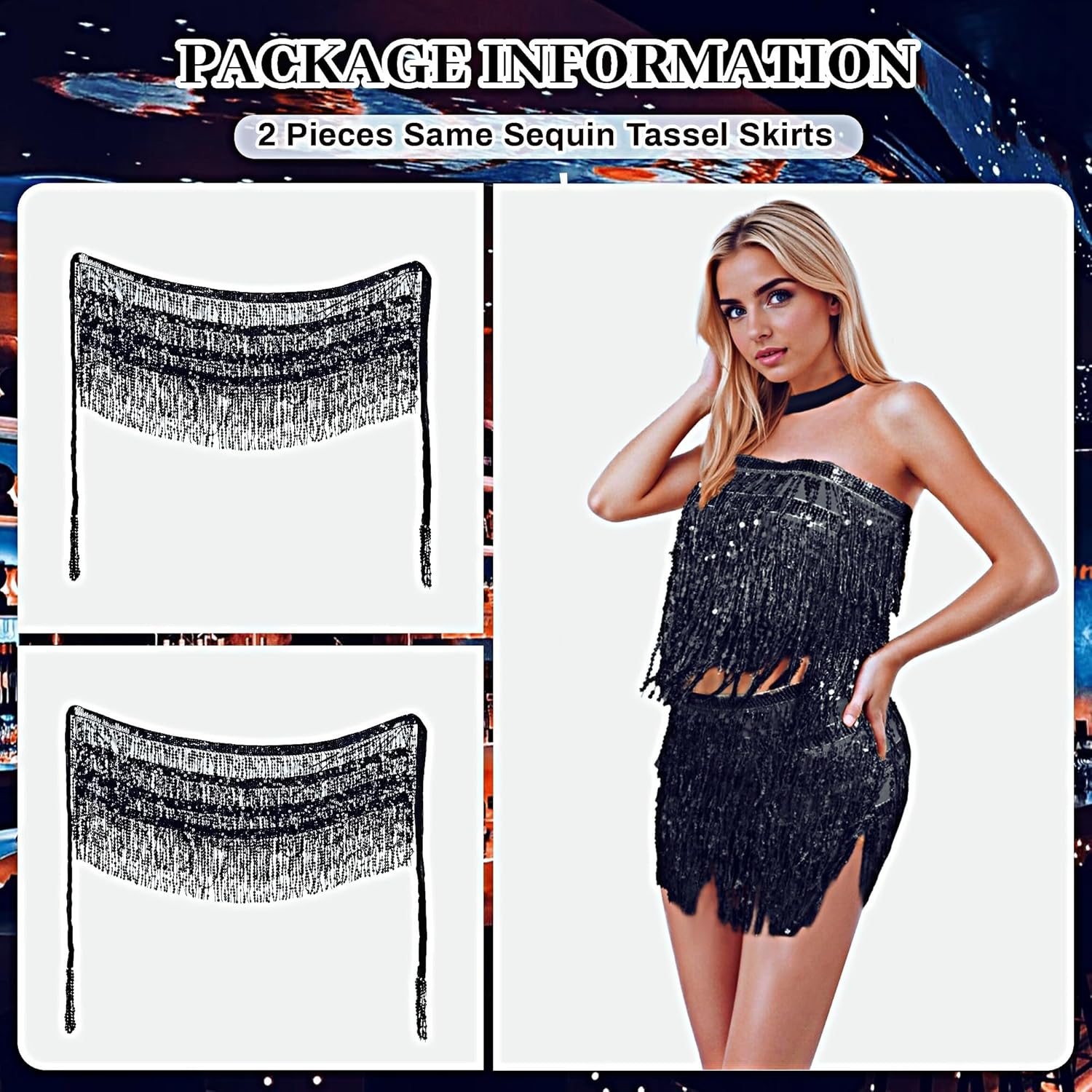 Sequin Skirts for Women, Sequin Two Piece Set, Sparkly Skirt for Women, Glitter Fringe Skirt and Top Set, 2Pack - Image 4