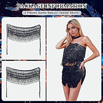Baisdan Sequin Skirts for Women, Sequin Two Piece Set, Sparkly Skirt for Women, Glitter Fringe Skirt and Top Set, 2Pack