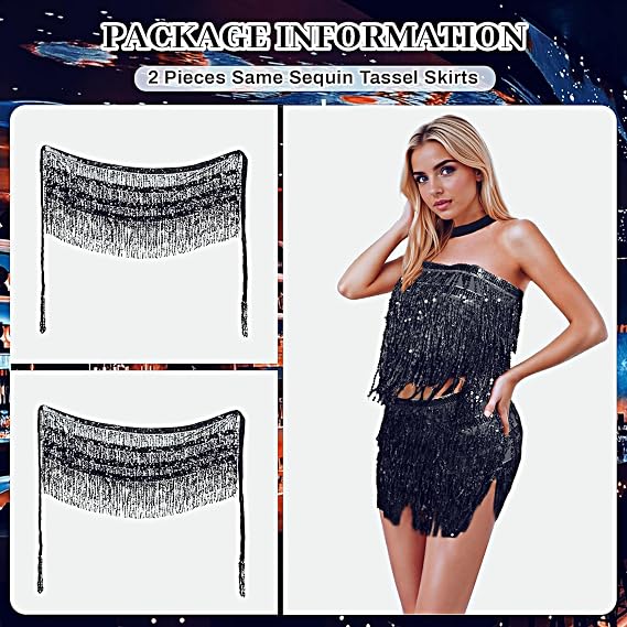 Baisdan Sequin Skirts for Women, Sequin Two Piece Set, Sparkly Skirt for Women, Glitter Fringe Skirt and Top Set, 2Pack
