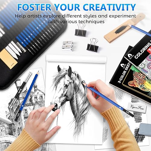 Miniatura 5 de Juego de dibujo de 82 piezas, suministros de arte profesional con 5 clips para blinder, bloc de bocetos de 3 colores, libro para colorear, grafito,