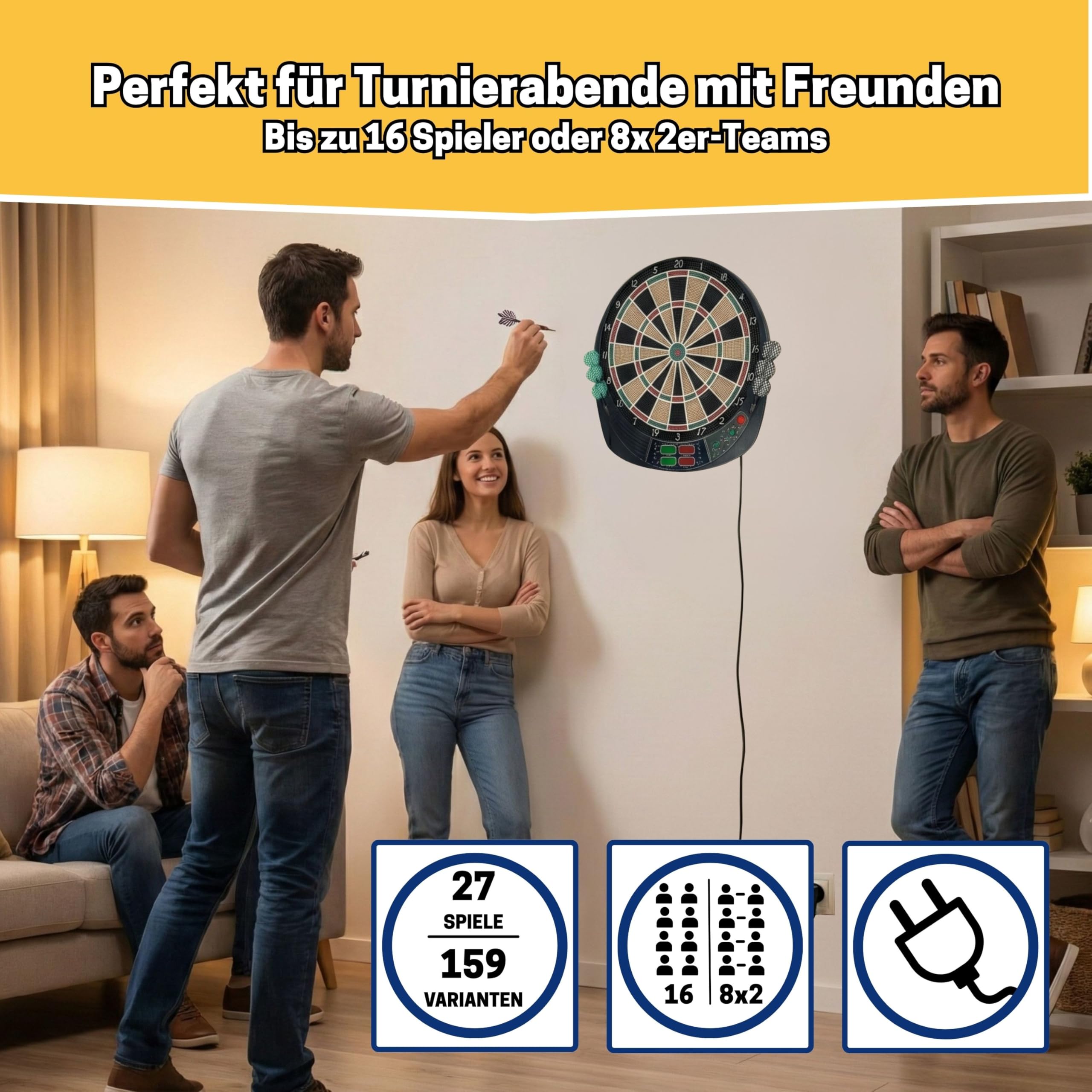 Best Sporting elektr. Dartscheibe Coventry - 27 Spiele mit 159 Varianten, bis zu 16 Spieler, 12 Dartpfeilen & Ersatzspitzen, LED-Anzeigen, Soundeffekt, weiße Spinne mit Typhoon - Softdarts 3er Set