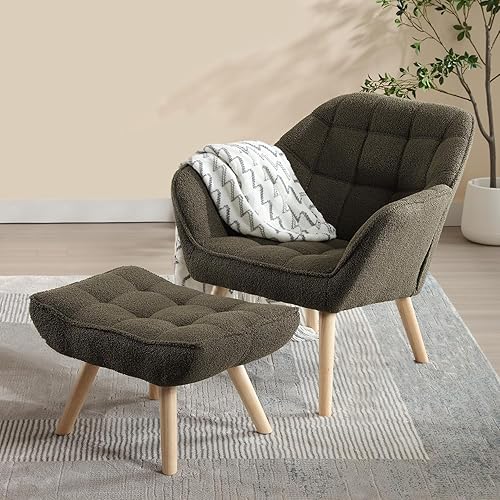 Silla decorativa Sherpa con otomana, moderna silla de lectura mullida con sillón otomano tapizado con patas de madera, cómoda silla de descanso para