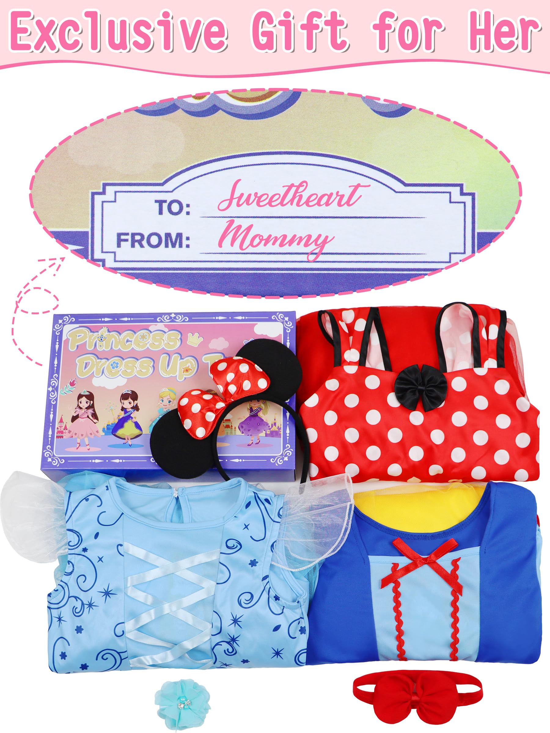 Princess Dress Up Trunk for Toddler Girls, 6 Pcs Fancy Costume Dresses Outfit Pack for Toddlers 2T 3-4T 4-6T