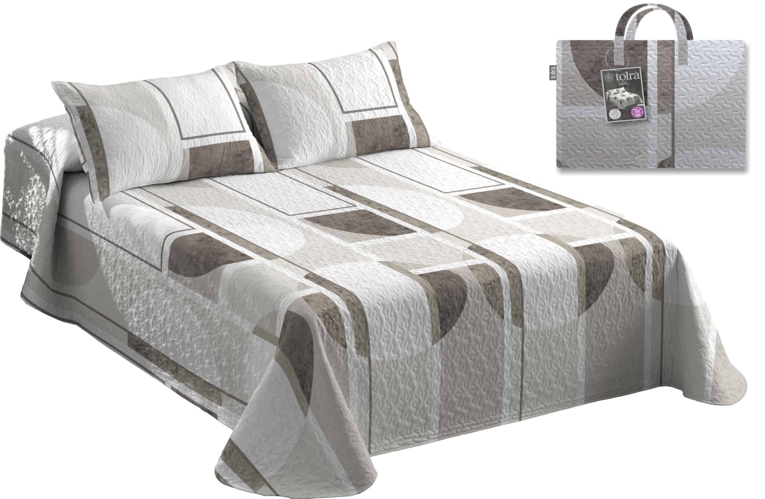 Tolrá - Colcha Cubrecama Bouti Estampada para Primavera y Verano | Incluye Funda de Cojín 50x70cm | 100% Microfibra Muy Suave (Amarilis Beige, Cama 150-160cm con 2 Fundas Cojín)