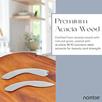 Nambe Cheese Block and Knife Set Round Acacia Wood Board Featuring Stainless Steel Details, Contemporary Tray with Spreader, Stylish Table Accent for Parties, Gatherings, and Dining
