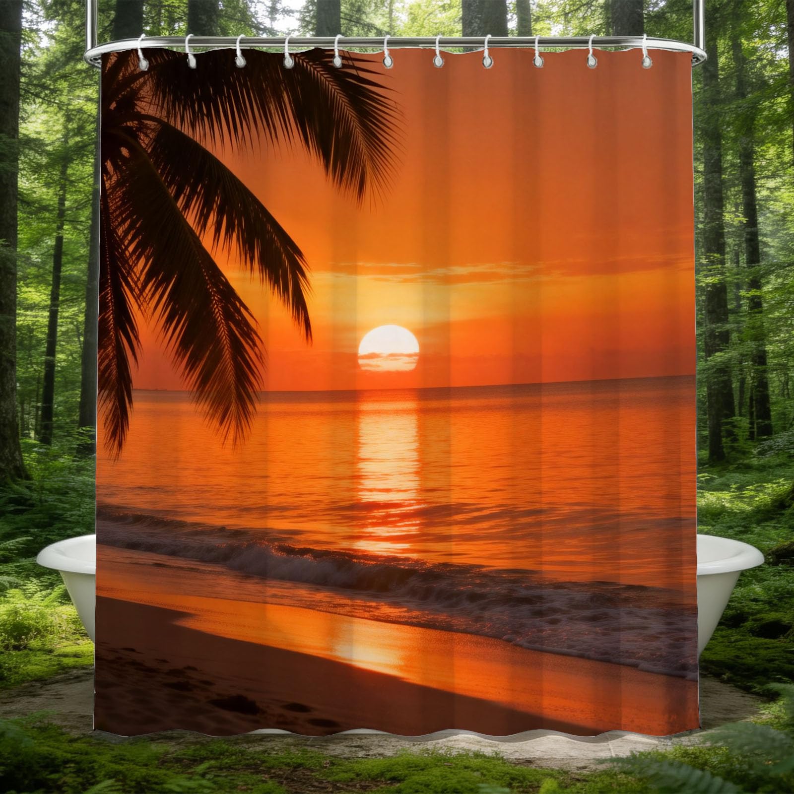 Hongduo 3D Beach Sunset Shower Curtain for Stalls Bathtubs Ocean Bathroom Decor Shower Curtain Set Polyester Fabric Waterproof 180x200cm/71X79 Inch with Hooks