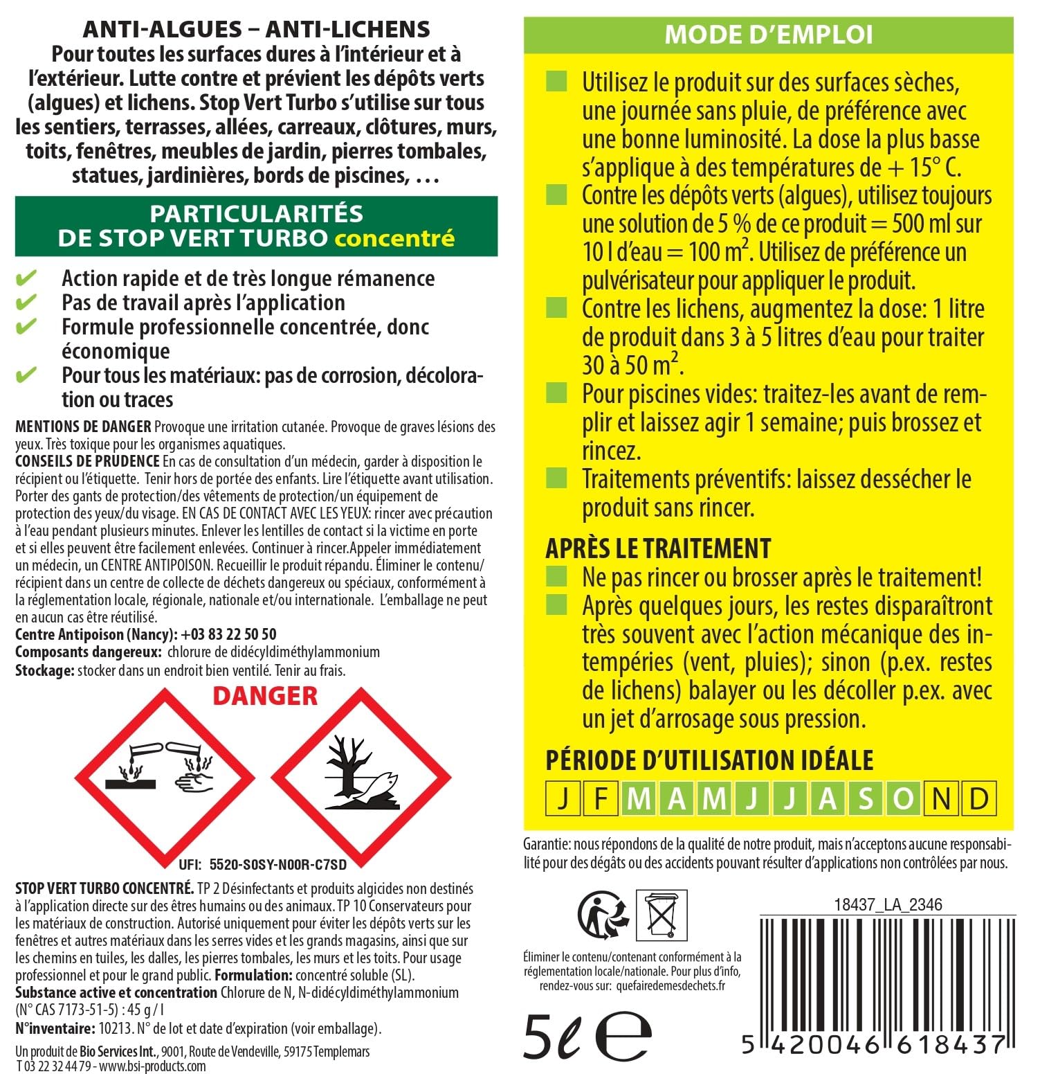 BSI - Puissant Destructeur - De Dépots Verts - Élimine Algues Lichens Moisissures - Efficace Sur Toutes Surfaces Dures - Concentré - 5l
