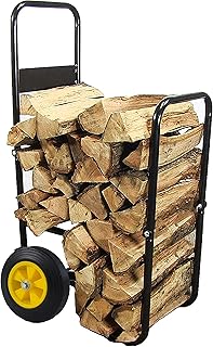 SwingIt Firewood Log Cart Carrier - Outdoor or Indoor Black Steel Wood Rack Storage Mover - Rolling Wheeled Metal Dolly Hauler - Wood Moving Equipment