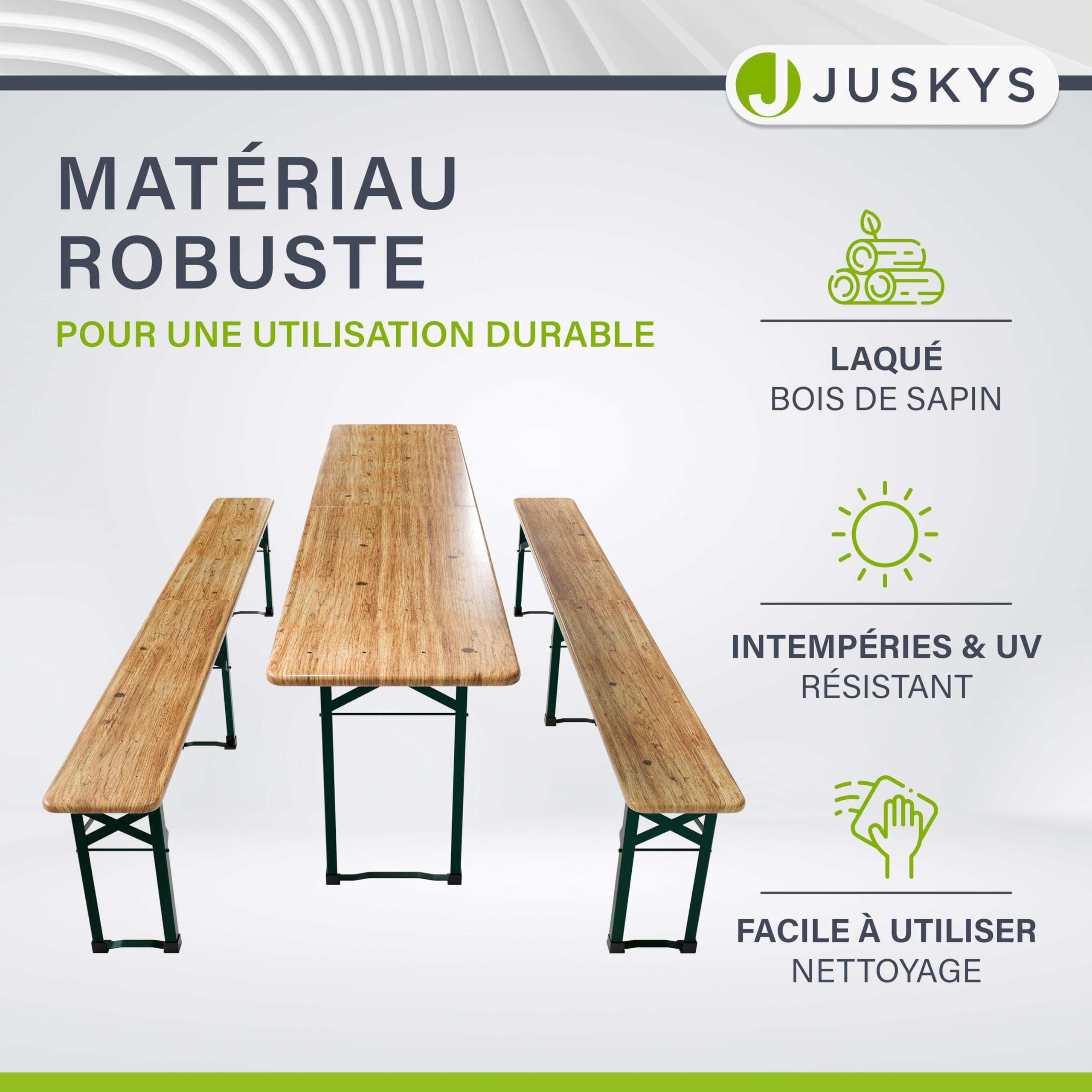 Juskys Ensemble Table et bancs de Brasserie - 3 pièces & Pliable - 220 x 50 x 77 cm - Table Pliante Exterieur & 2 bancs - Set de Meubles de Jardin en Bois de Sapin & Acier