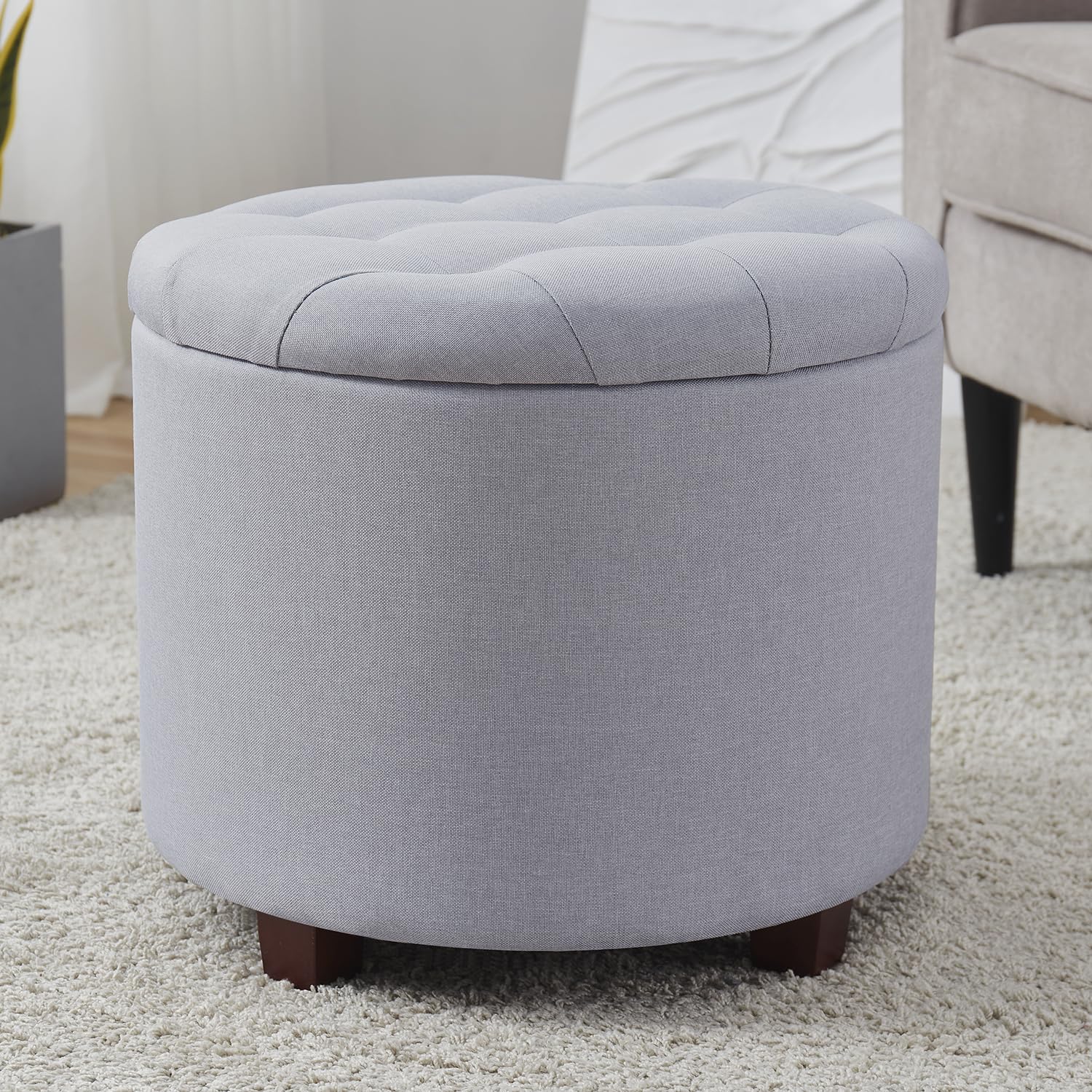 Ornavo HomeDecor Round Ottoman with Storage, Round Vanity Chair Stool Ottoman Pouf with Storage for Living Room and Bedroom, Linen Gray