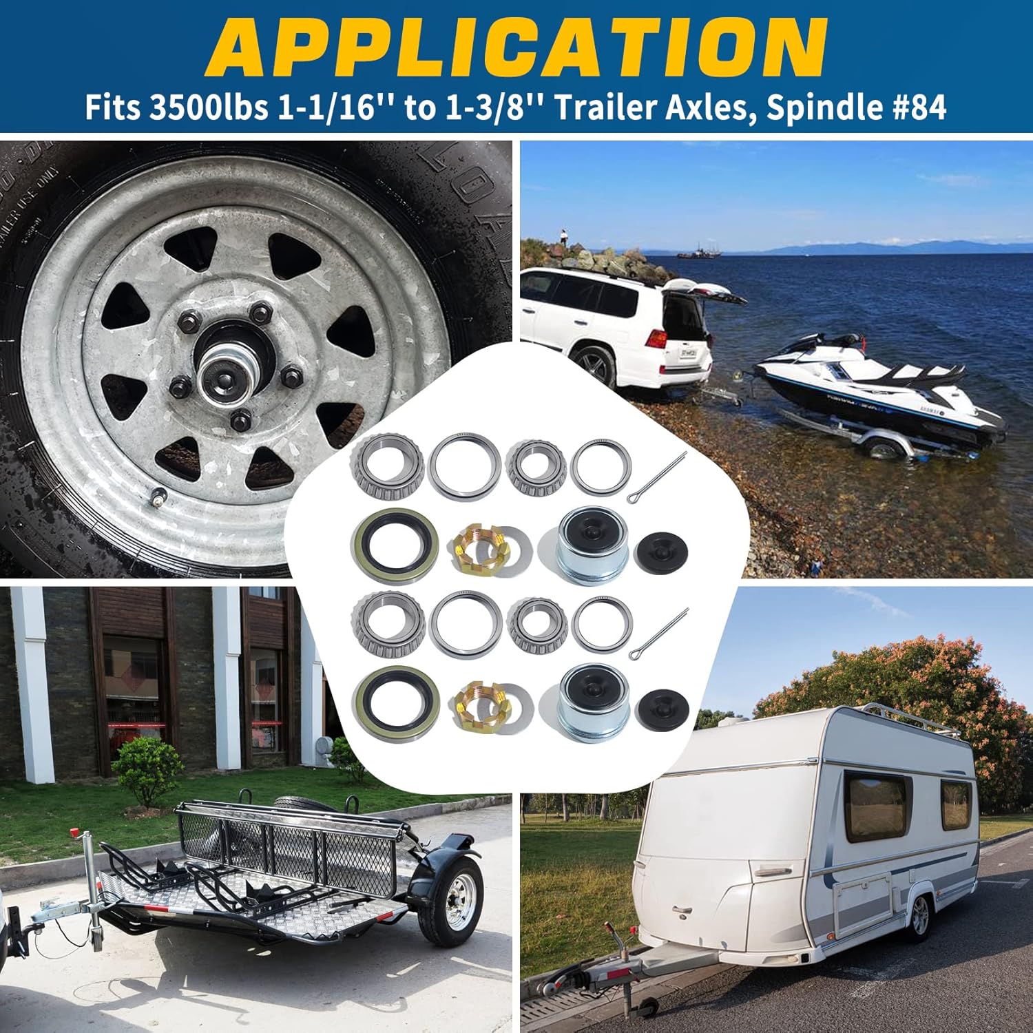 2Sets L68149 L44649 Trailer Axle Hub Bearings Kit with 171255TB Grease Seals, 1.98'' Trailer Dust Caps, Cotter Pins, Axle Nuts & Washers for 3500 lbs 1-3/8'' to 1-1/16'' #84 Spindle