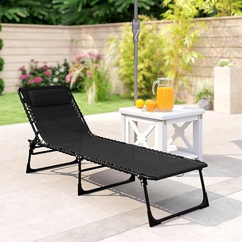 Miniatura 7 de Outsunny Tumbona plegable, silla de bronceado para patio, tumbona para exteriores con respaldo reclinable de 4 posiciones, asiento de malla Negro