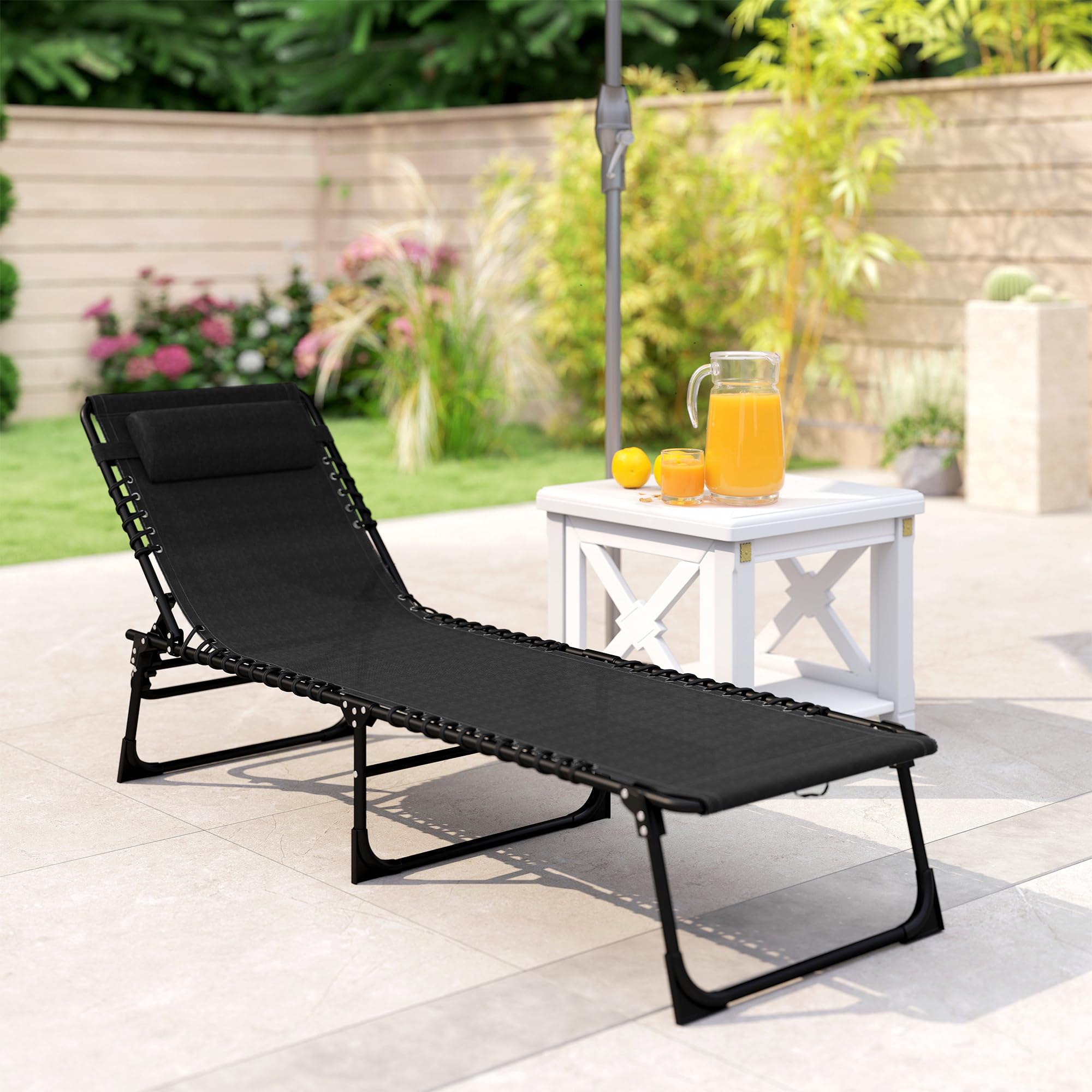 Outsunny Tumbona Plegable, Tumbona Jardín Exterior Reclinable 4 Posiciones con Reposacabezas y Marco de Acero, Carga 120 kg, para Terraza, Piscina, Playa, 189x58x30 cm, Negro