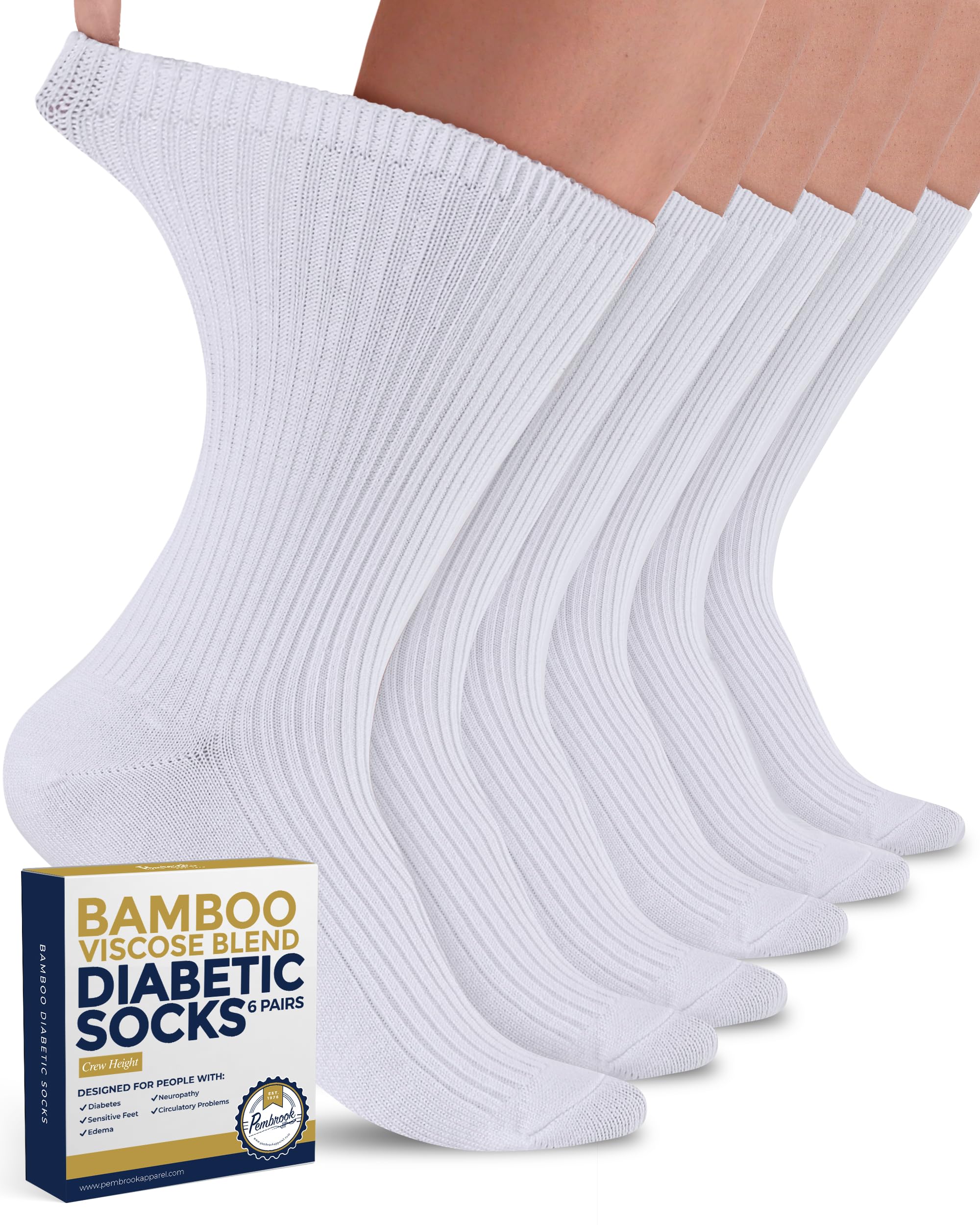 Pembrook Ribbed Knit Bamboo Viscose Diabetic Socks - 6 Pairs Crew Neuropathy Socks for Women | Diabetic Socks for Women