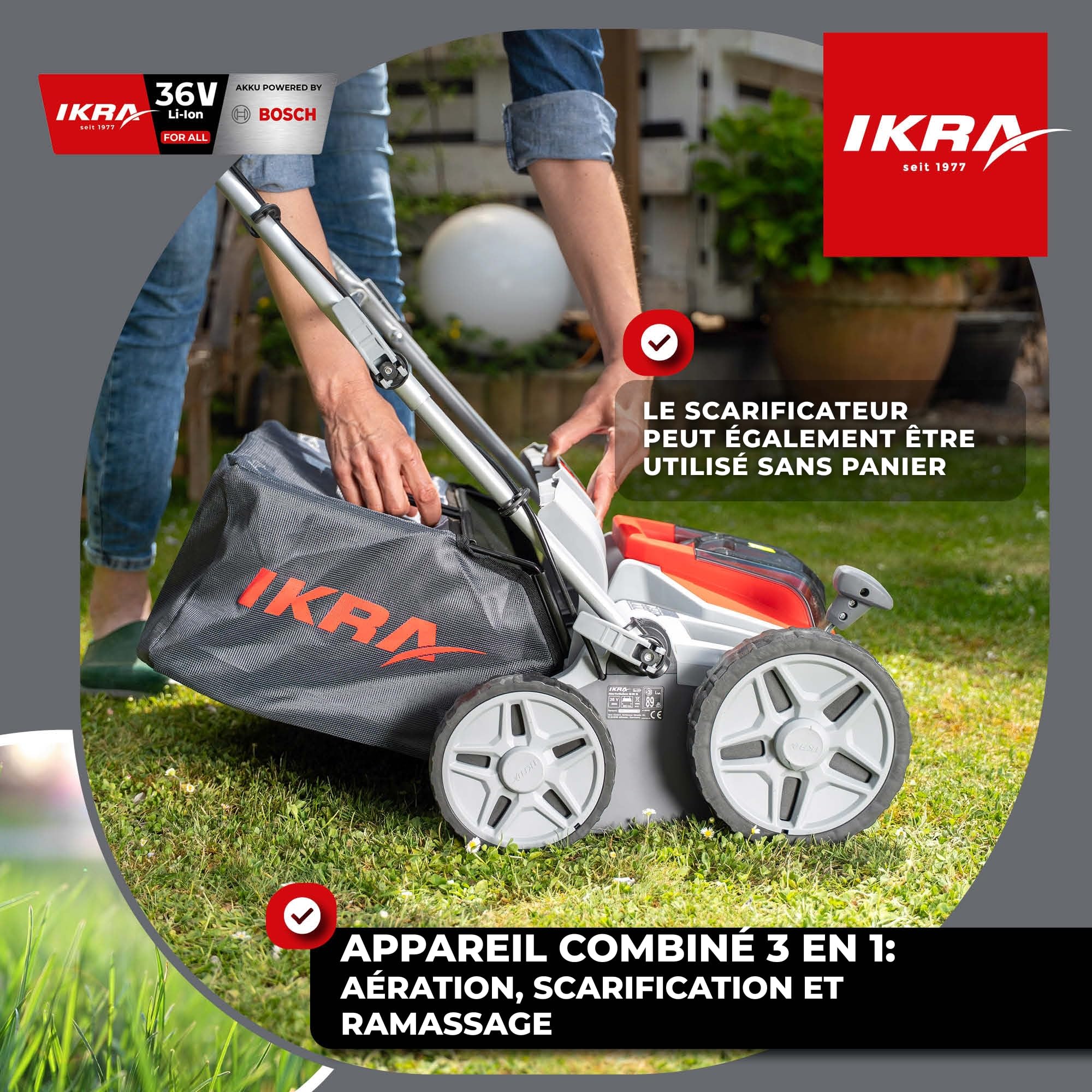 IKRA scarificateur-aérateur IB-SR 36, sans batterie 36 V ni chargeur | Compatible avec Bosch, bac de ramassage 45 l, largeur 36 cm, hauteur de coupe de -12 à +10 mm, poignée réglable en hauteur
