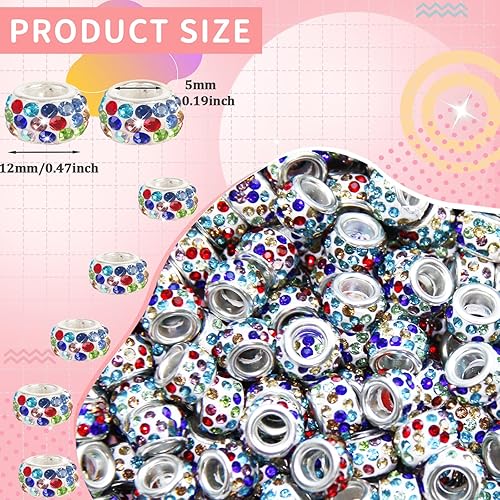 Vista 21 de 200 cuentas europeas de agujero grande – Mixcolor Lampwork Rhinestone Craft Beads para bricolaje pulseras joyería fabricación