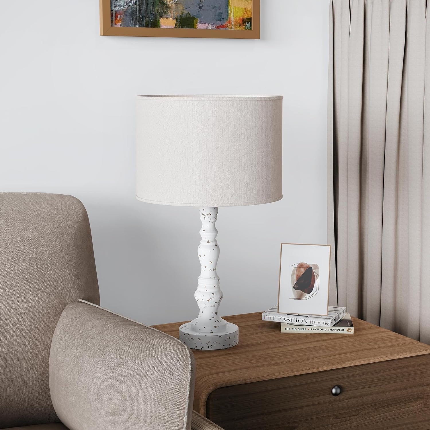 Pia Ricco 21" Farmhouse Table Lamp Set of 2, Resin Table Lamp for Bedroom Living Room, Retro Side Bedside Nightstand Lamps for Study Room Office with Linen Lampshade, White