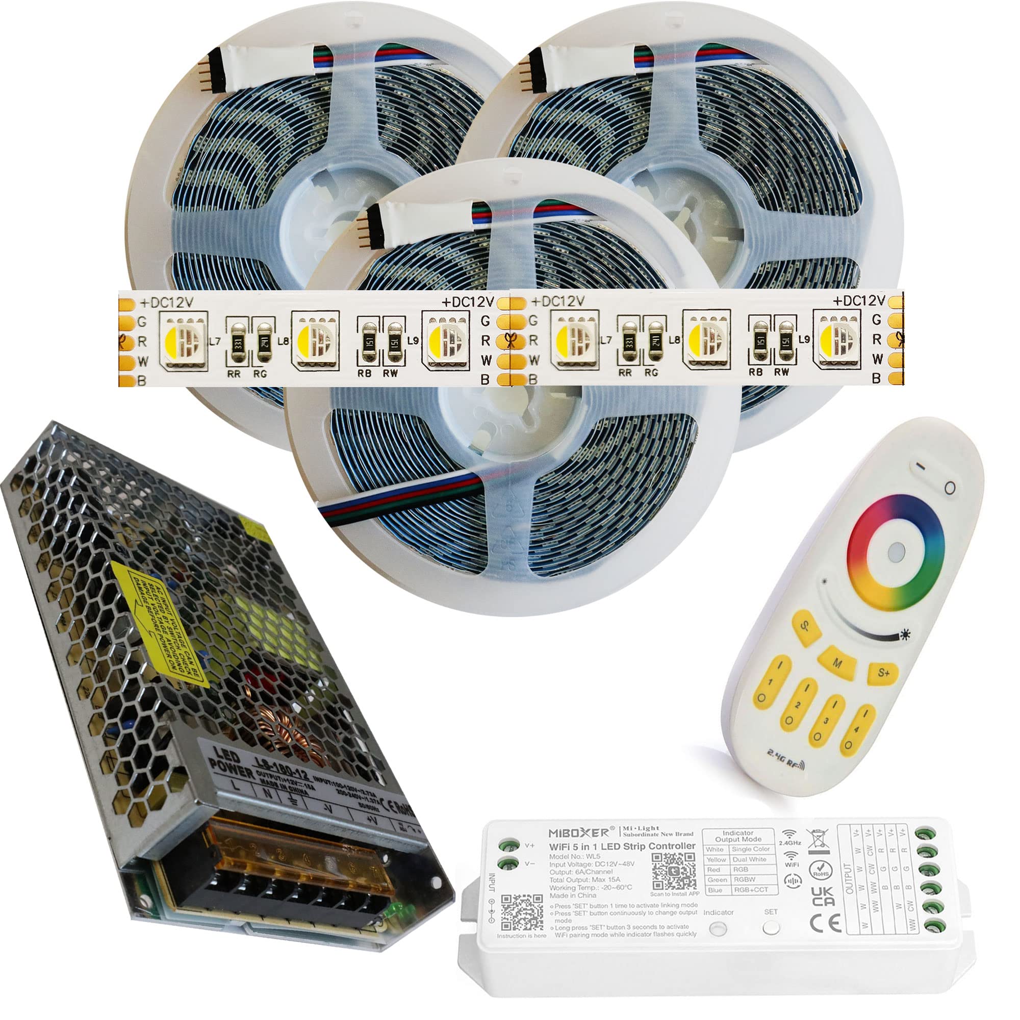 RGB+Bianco Freddo 4in1. Kit da 15 Metri con 1 Trasformatore da 180w 12V e 1 WL5 4in1 +1 Telec.. Con 900 Led RGB+W sviluppa 7500+7500 Lumen. Striscia RGBW Ip20