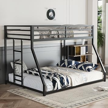 Twin Over Full Metal Bunk Beds for Kids/Adults,Heavy Duty Kids Floor Bunk Bed Twin Over Full,Noise Reduced Structure,Black