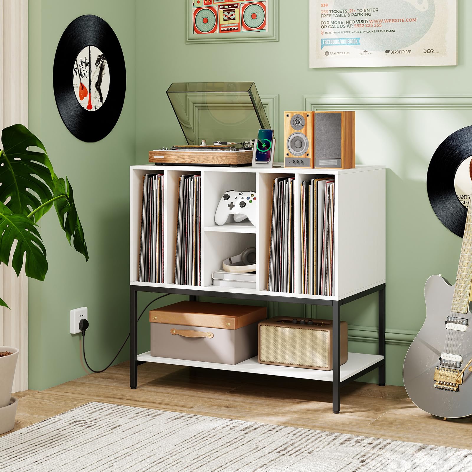 GIANTEX Support pour tourne-disque avec 6 compartiments et étagère ouverte, armoire pour disques vinyles avec station de charge, 80 x 45 x 79,5 cm, meuble de rangement pour salon, chambre (blanc)