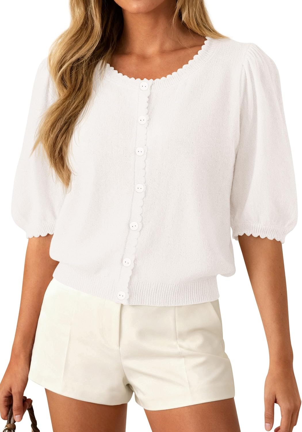 PRETTYGARDEN Puff Short Sleeve Cardigans for Women Lightweight 2026 Summer Shirts Button Up Knit Sweater Tops Spring Clothes