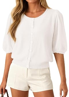 PRETTYGARDEN Puff Short Sleeve Cardigans for Women Lightweight 2026 Summer Shirts Button Up Knit Sweater Tops Spring Clothes