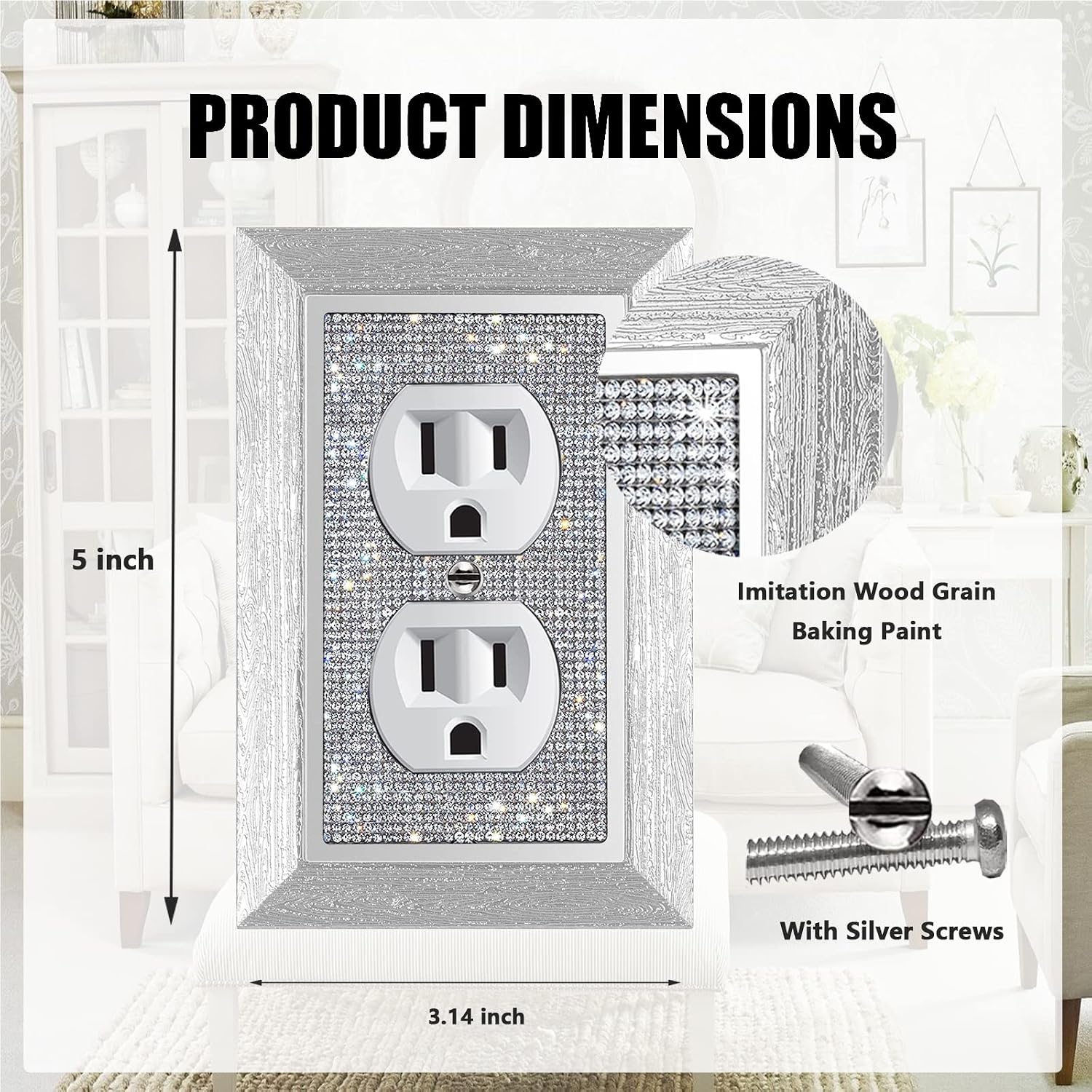 1 Pcs Silver Shiny Silver Rhinestones Light Switch Cover Plate Decorative Wall Plate Wall Socket Imitation Wood Grain Wall Plates For Electrical Outlets image 2
