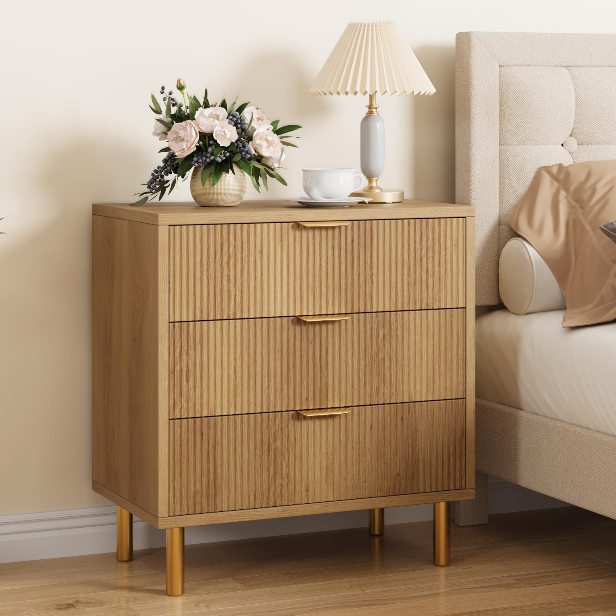 Natural Dresser, Modern 3 Drawer Dresser for Bedroom with Gold Handle and Large Drawer, Wood Double Chest of Drawers and Storage Organizer for Living Room, Hallway, Entryway