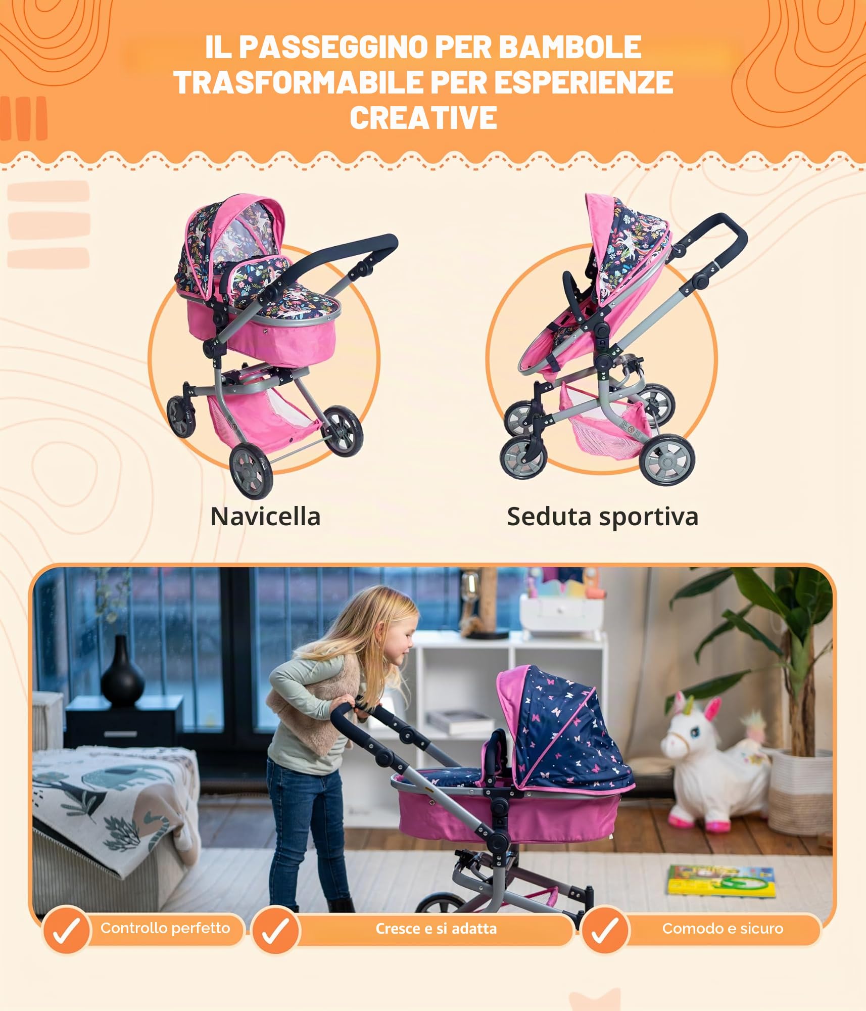 Bayer Chic 2000® Passeggino per bambole 2 in 1 Mika - Rosa Navy - Pieghevole - Manico regolabile in altezza 47-80 cm - Telaio moderno - Bambole fino a 52 cm - 4-8 J Unicorno
