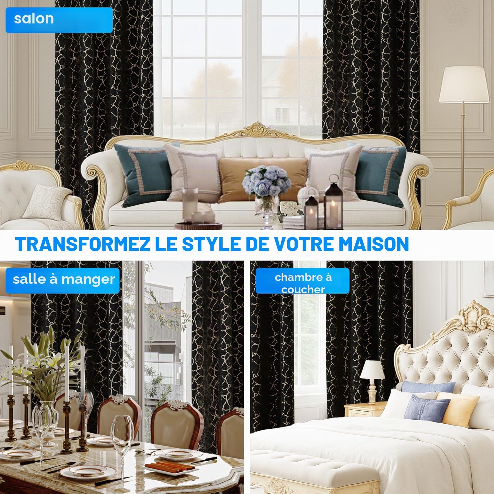 Ystyle Rideau Occultant Velours Lot De 2, 140x260cm, Rideaux Salon Rideau Thermique Isolant Anti Chaud Intérieurs, Rideau Phonique Anti Bruit, Moderne Chambre Maison Dressing, Noir