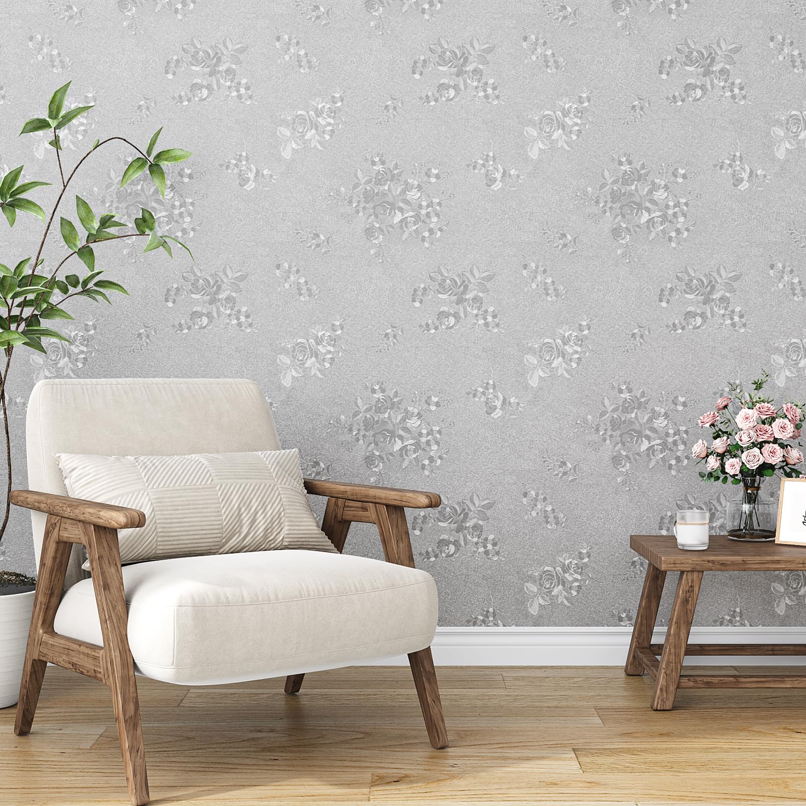 VEELIKE Vintage Silver Grey Wallpaper Textured Rose Contact Paper Embossed Floral Wallpaper Patterned Sticky Back Plastic Grey Vinyl Wrap for Furniture Sticker Removable Bedroom Hallway 40cm×300cm - Image 3