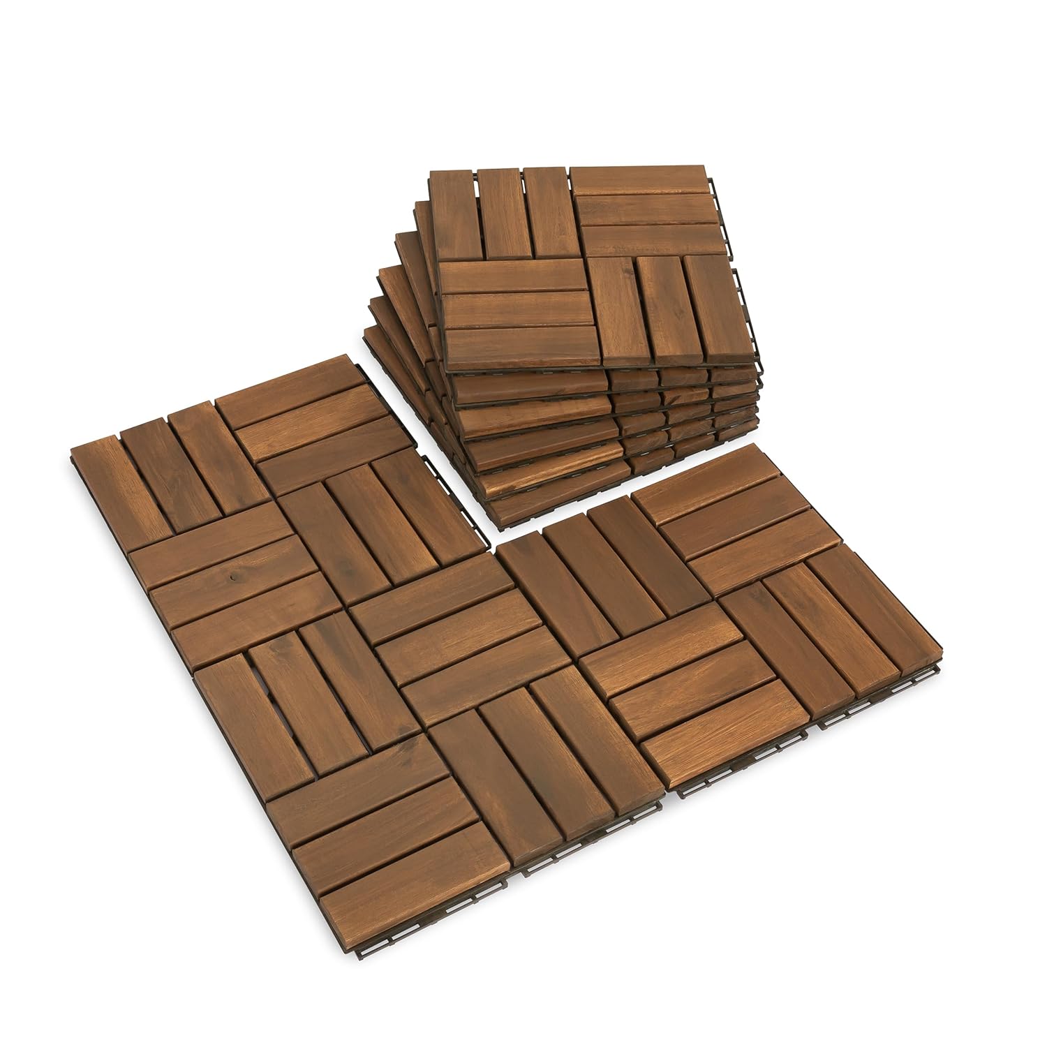 Interlocking Acacia Wood Deck Tiles, 9-Pack, 12 Slats, Waterproof Outdoor Flooring for Patio, Balcony, Garden  Natural Finish, 12.2" x 12.2" x 0.7"