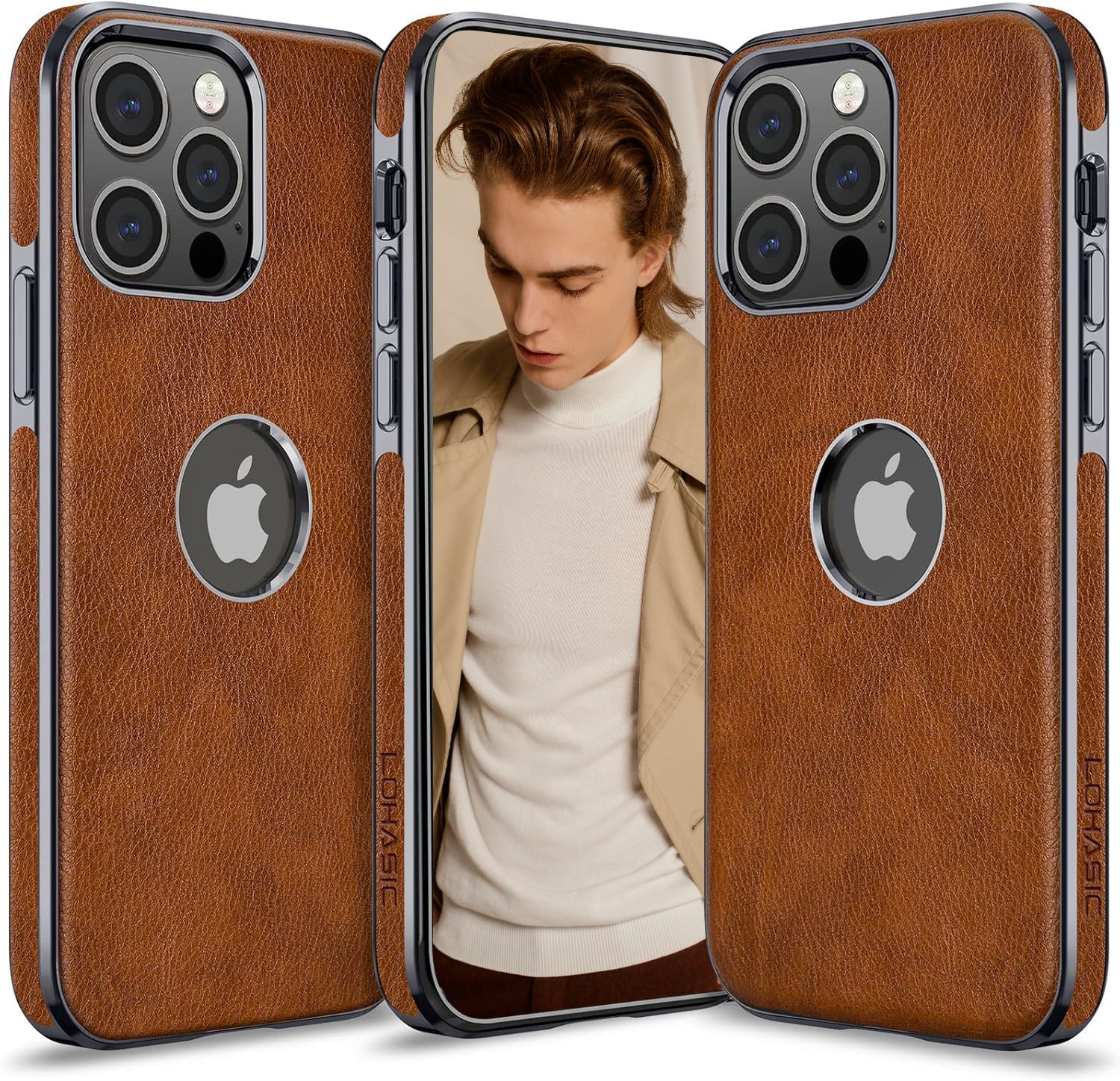 LOHASIC Case for iPhone 13 Pro Max, Logo View, Vintage PU Leather Luxury Elegant ProMax Phone Cover for Men Women, Anti-Slip Grip Protective Drop Proof Slim Bumper, 6.7 Inch - Brown Grey
