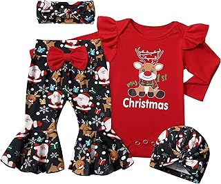 ADIFUN Baby Girl Clothes,4pcs Infant Newborn Girl Outfits Ruffle Romper Baby Bell Bottoms Headband Bandana Clothes Sets Gifts