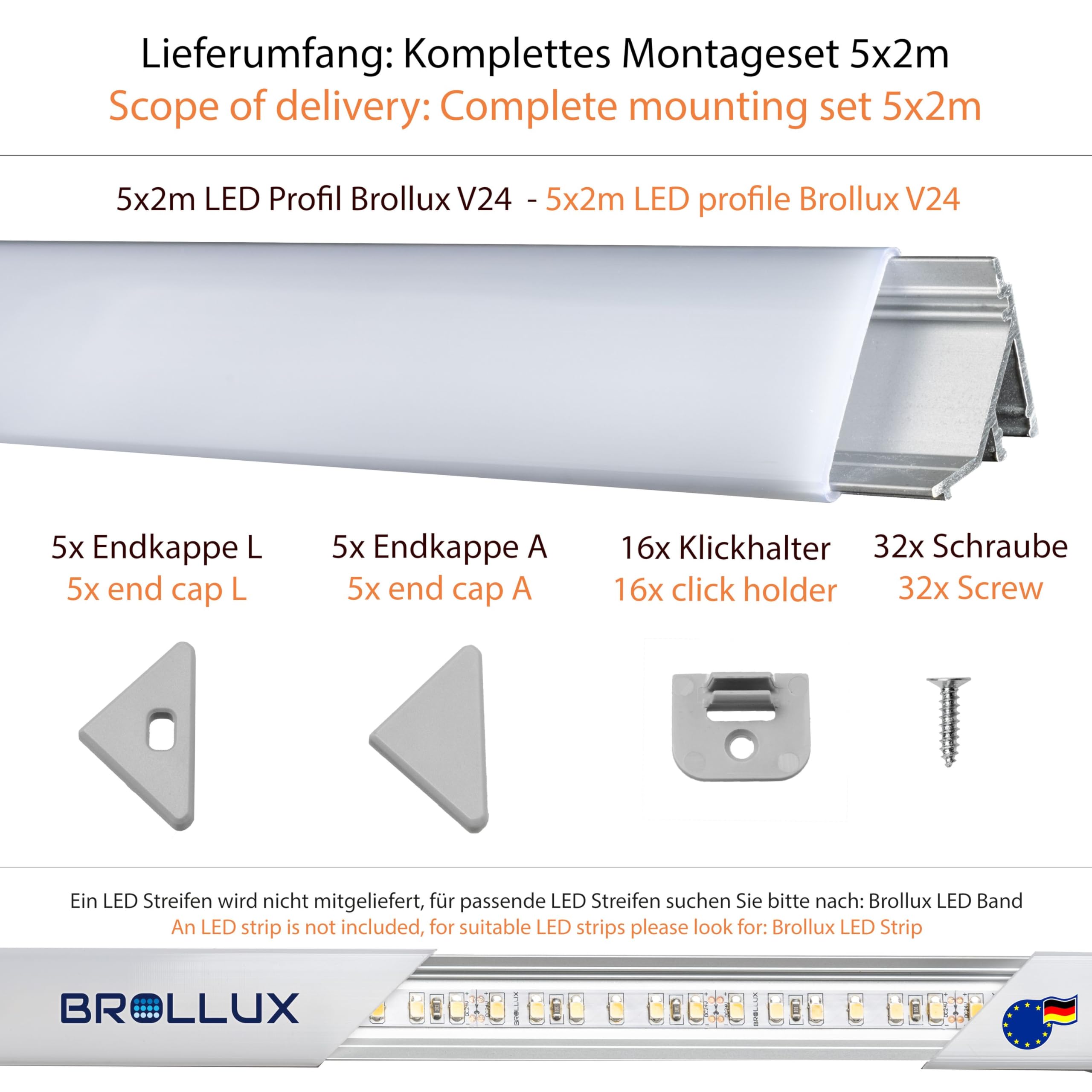 Brollux LED Eckprofil V24 Set 10m (5x2m) Alu Profile 45 Grad Ecke Aluminium für LEDs Strip Lichtleiste ohne Leuchtmittel