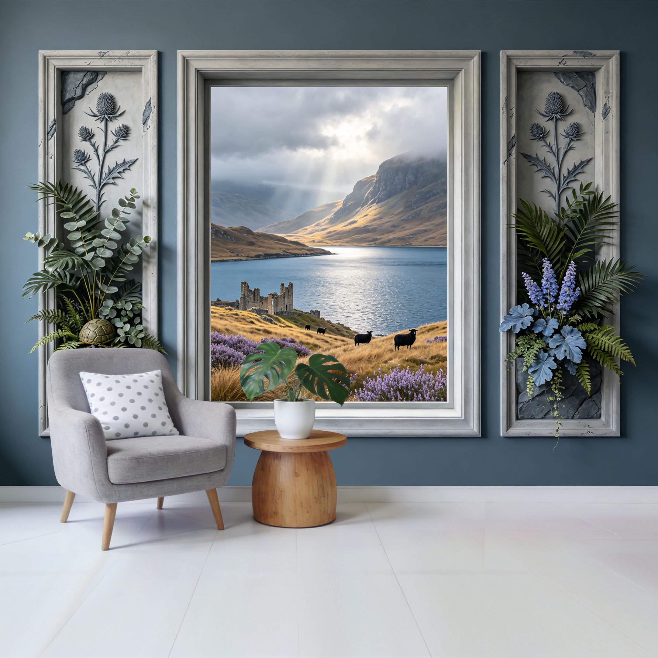 Custom Size Wall Mural Mountain Lake Castle Landscape with Highland Sheep and Lavender Meadow Removable Self Adhesive Fabric Home Wall Decor for Living Room Bedroom Bathroom