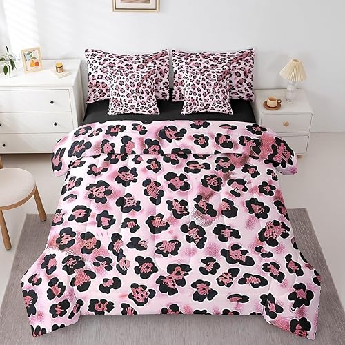 Erosebridal Pink Leopard King Comforter Set 7 Piece,Kids Cartoon Animal Print Be
