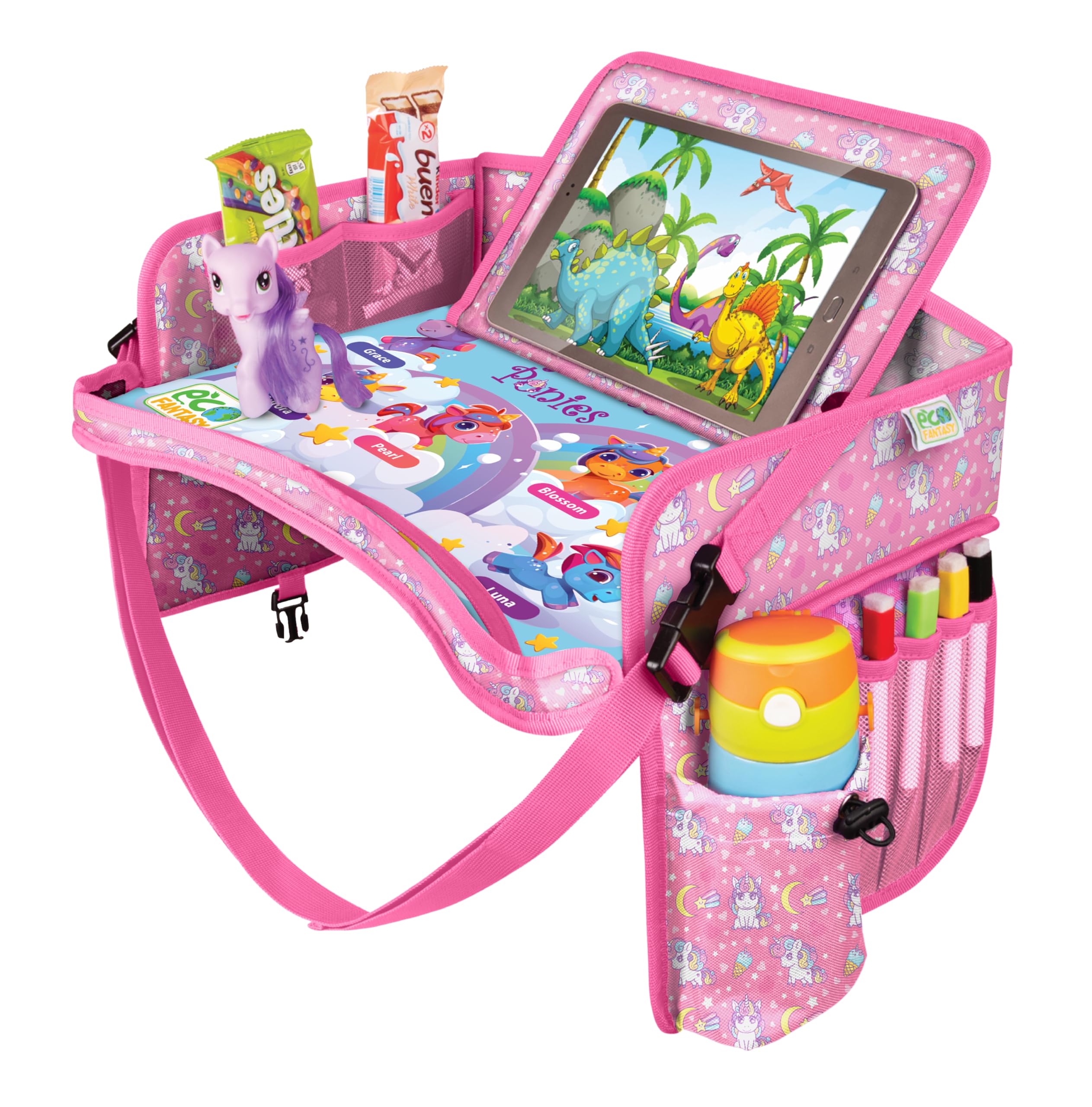ECOFANTASY Kids Travel Tray for Car Seat, Car Tray Table for Kids with Tablet Holder, Dry-Wipe Board, Cup Holder & Storage Pockets, Car Seat Tray for Toddler Travel, Road Trips & Plane (UNICORN)
