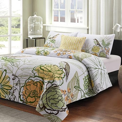 Style Quarters Queen Comforter Set - 3 Pieces Floral Boho Bedding Sets Queen Size Comforter Sets Soft Comfort Bed Sets for All Season 90x90 Flower Comforter, Shams, Decor Pillow Yellow