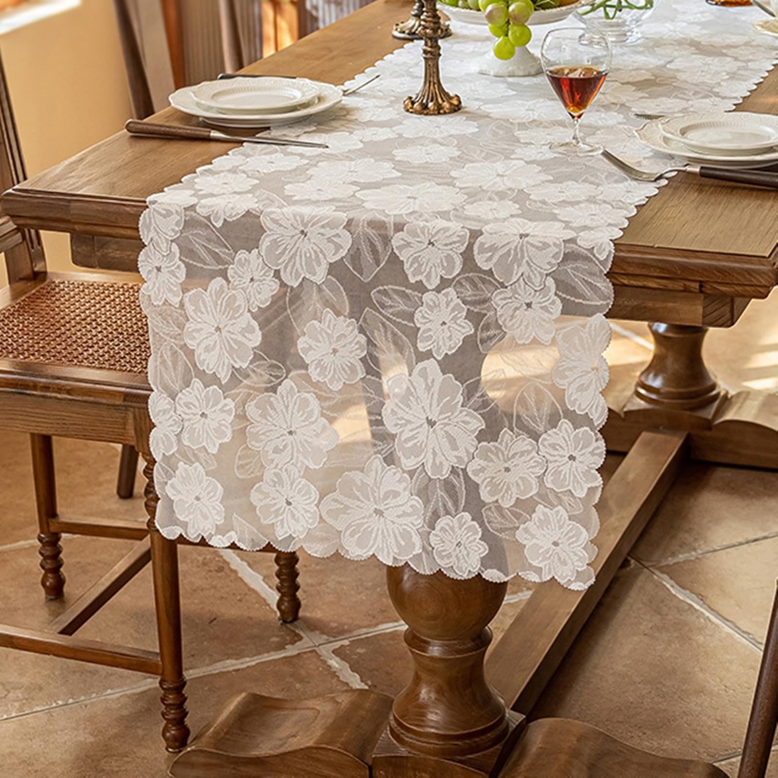 Tischläufer Polyester Landhausstil, Tischläufer Wohnzimmer 45x240 cm, Weiße Spitze mit Floraler Stickerei