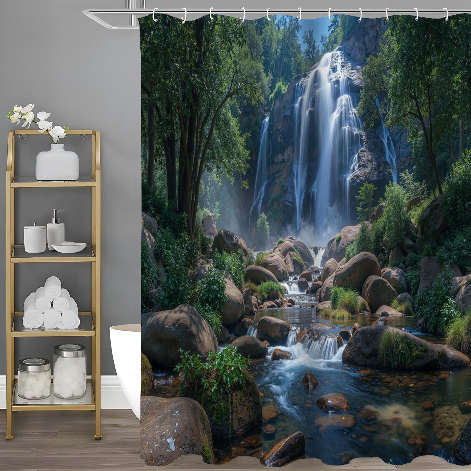 Rideau Douche,Rideau Baignoire Lavable en Machine Rideaux Douche Tissus Lavable Rideau De Baignoire Lavable pour Salle De Bain Domicile Baignoire Famille,Forêt De Cascades,