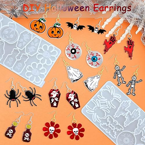 Miniatura 2 de Rifanda 82 piezas de moldes de resina de Halloween con agujero, 10 pares de moldes de silicona epoxi de Halloween con 40 ganchos para aretes,