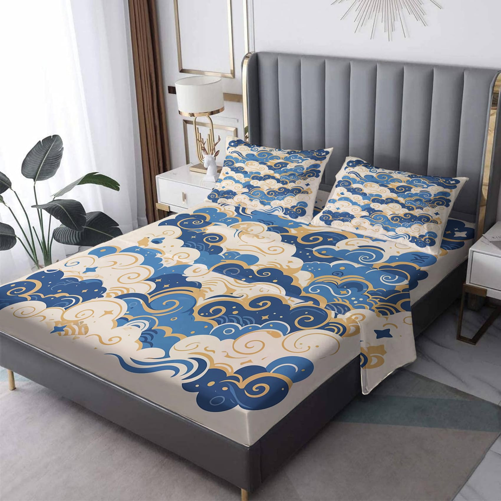 Zvynqour - Japanese Wave Twin Size Sheet Set, Oriental Traditional Bed Sheets, 16" Deep Fitted Sheets, Flat Sheets & Pillowcases,