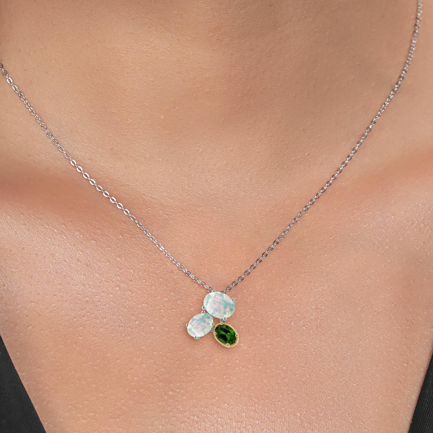 Gem Stone King 925 Silver and 10K Yellow Gold White Opal and Green Chrome Diopside Pendant Necklace For Women (2.55 Cttw, Oval Cabochon 8X6MM, 7X5MM and 6X4MM, Gemstone October Birthstone, with 18