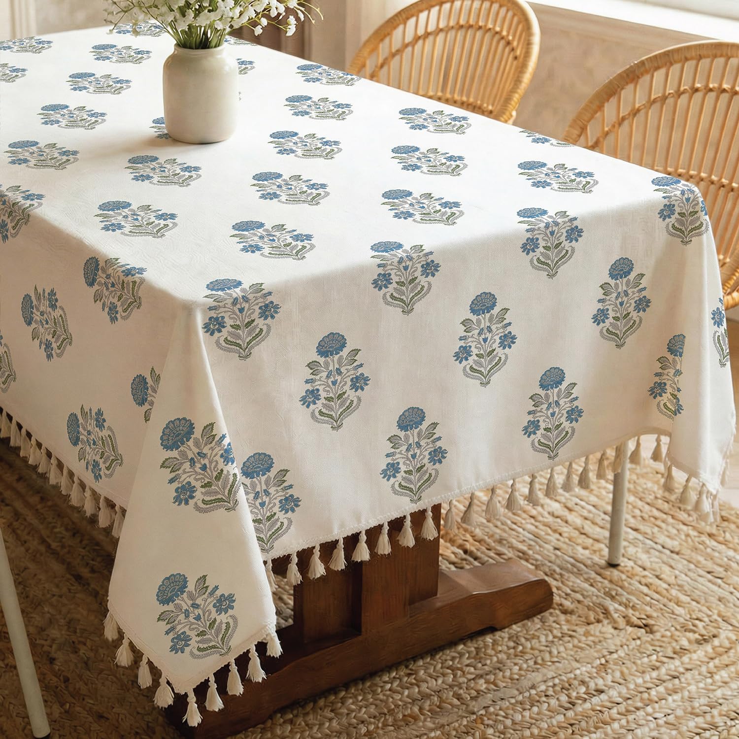 Urban Space 100% Cotton Rectangular Dining Table Cover 4 Seater, Printed Cotton Table Cloth for Center Table with Boho Tassels, 48" X 72" - (4 Seater, Liberty Blue)-picture-16