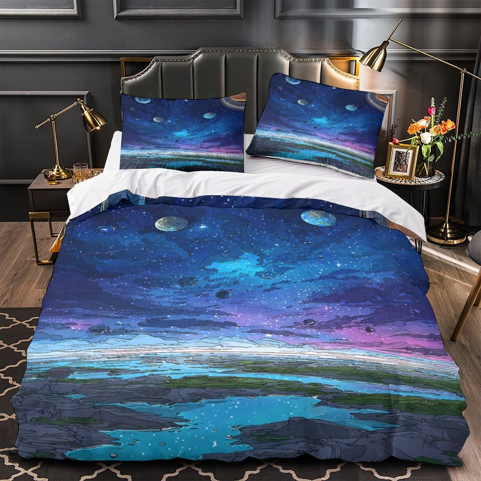 Housse de couette planètes cosmiques 3D King 220x240cm avec 2 taies d'oreiller en microfibre