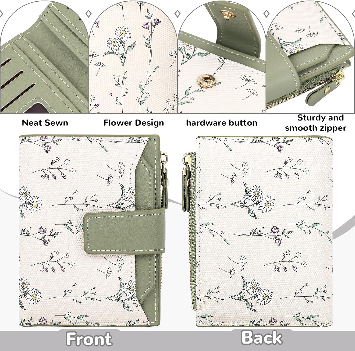 Women's Wallet Small Wallets for Women Cute Flower Ladies Women's Wallets Green Bifold Wallet Womens With Zipper Coin Pocket Purses Card Holder Women - Image 2