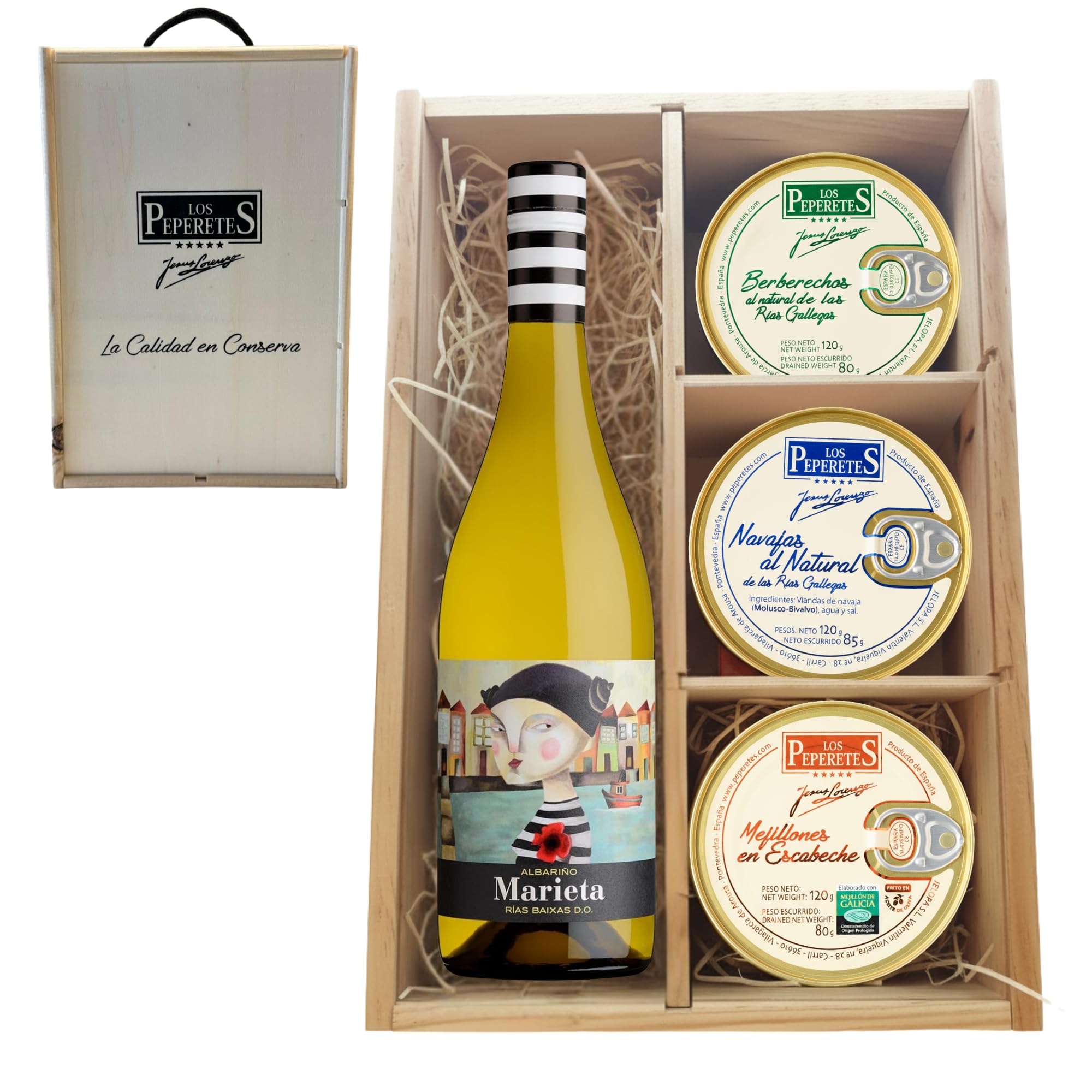 LOS PEPERETES Pack Gourmet Marisco Gallego con Vino Marieta | Berberechos ×2 · Navajas ×2 · Mejillones Escabeche ×2 | Selección Delicatessen Gourmet