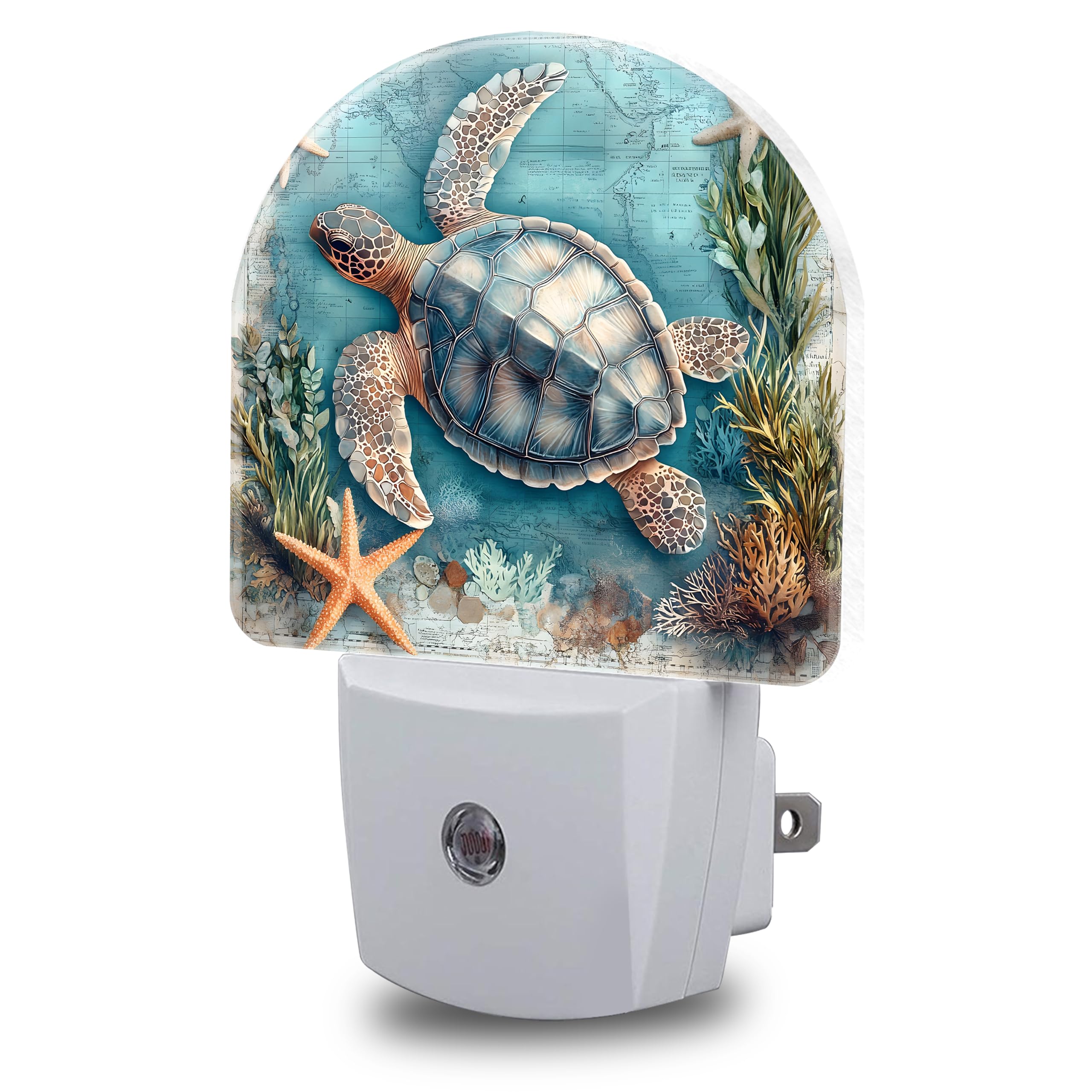 Starfish World Map Night Lights Plug into Wall Sea Turtle Night Light Dusk to Dawn Smart Sensor Decorative Round Led Lamp for Bedroom Kitchen Hallway Nightlight for Women Men